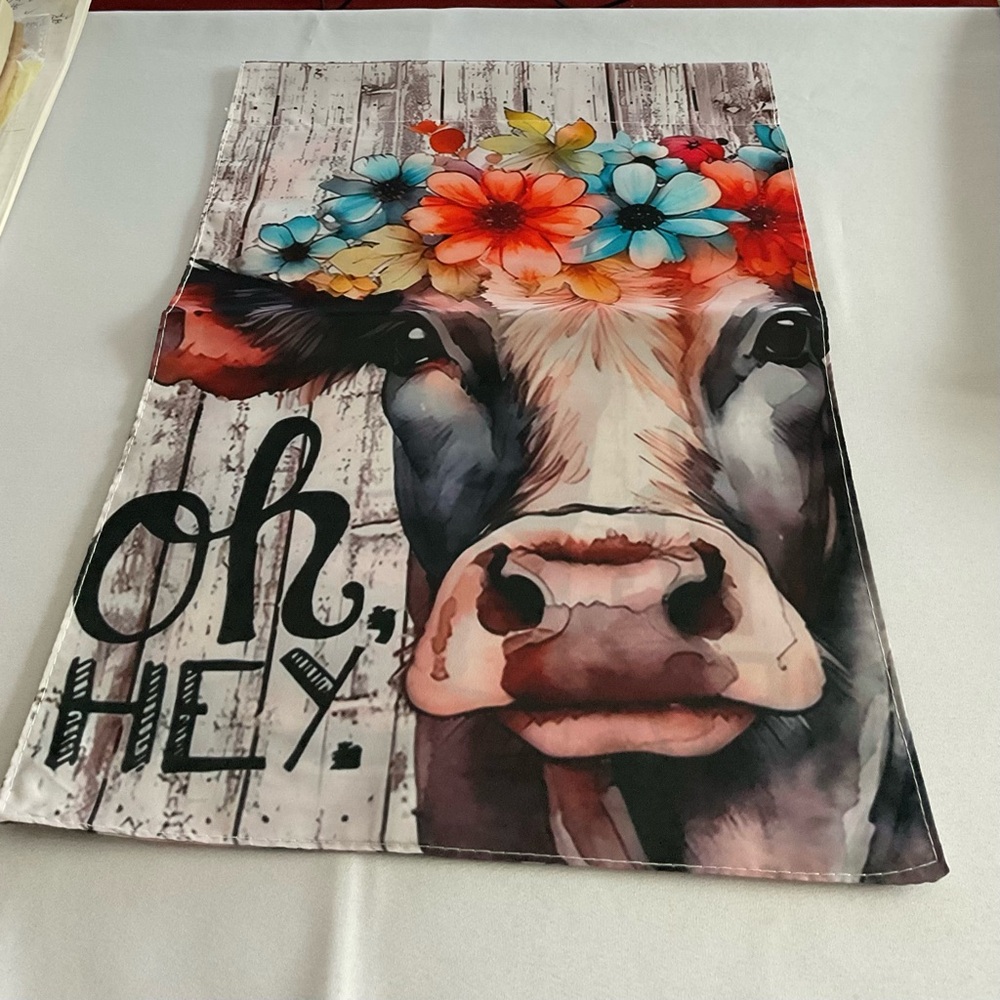 Oh, HEY cow with Floral Crown Garden Flag